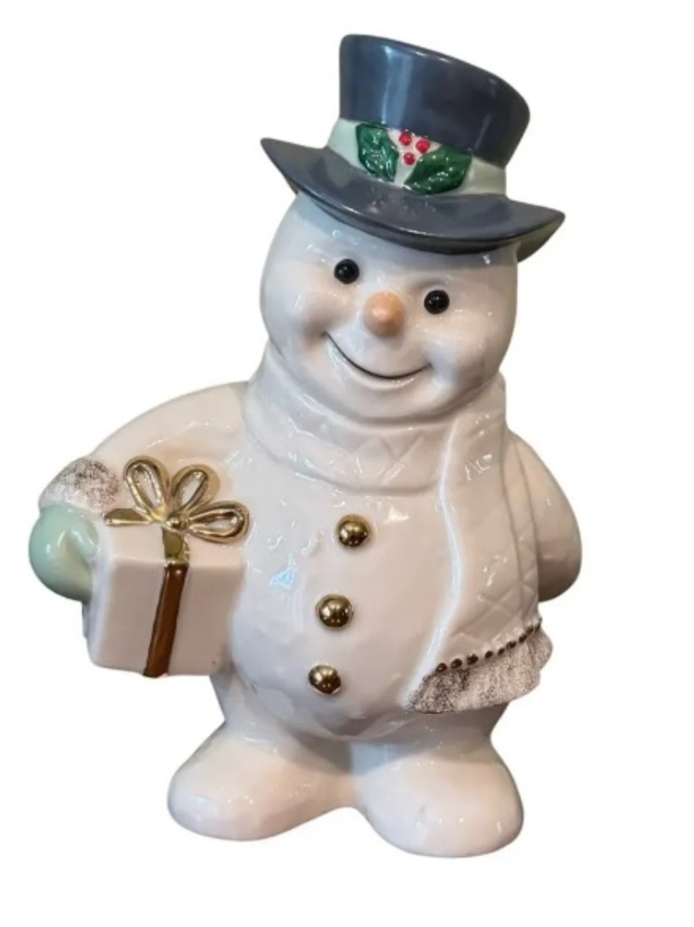 Holiday Ceramic Snowman Figurine in White with Blue Hat and Gold Accents